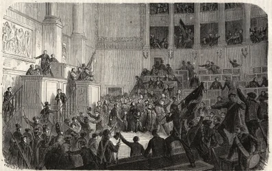 Hertiginnan av Orleans i Chambre des Deputes (1848), Paris, Frankrike - Revolutionen 1848 - Hertiginnan av Orleans i deputeradekammaren i Paris vid tiden för utropandet av Republiken" (Helene de Mecklembourg Schwerin, hertiginna av Orleans tri