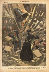 Under branden i kyrkan i Aubervilliers skadade klockornas fall en agent, en arbetare och församlingens vårdare. Gravyr i "Le pelerin" 29/04/1900. Selvas samling.