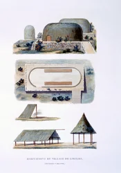 Bostäder i Likiliki Village, New Ireland, 1826