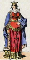 Karolingernas dynasti: Porträtt av Bertrade eller Berthe av Laon känd som Berthe au Grand Pied (720-783) Drottning av Francs fru till Pepin le Brief (715-768). Epinal avbildning från slutet av 1800-talet. Privat samling.