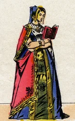 Valois-dynastin: Porträtt av Anne av Bretagne (1477-1514), Frankrikes drottning, fru till Karl VIII (1470-1498). Epinal avbildning från slutet av 1800-talet. Privat samling.