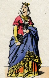 Valois-dynastin: Porträtt av Charlotte de Savoie (1441-1483) Frankrikes drottning, fru till Ludvig XI av Frankrike, känd som den försiktiga (1423-1483). Epinal avbildning från slutet av 1800-talet. Privat samling.