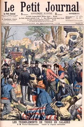 Jordbävning i Kalabrien, Italien. Kung Victor Emmanuel III besöker de ödelagda regionerna. Jordbävningar i Kalabrien. SM Victor-Emmanuel besöker den ödelade regionen. Illustration för Le petit Journal, 24 september 1905. Victor Emmanuel III av Italien (Vit