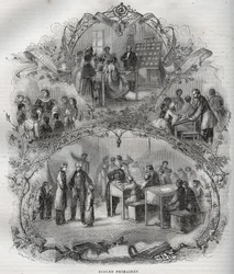 Grundskolor i Frankrike under 1800-talet - Gravyr i "Ny nationalencyklopedi" av Maurice La Charest - 1870