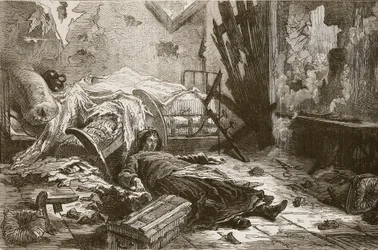 Effekter av explosionen av en granat i ett hus i förorterna, maj 1871, illustration från "Cassell