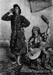 Egyptiska musiker och dansare. Man håller cymbaler mellan fingrarna. Gravyr i "" Le Journal de la jeunesse""