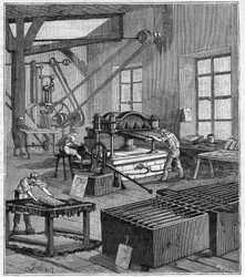 Galvanisering - Galvaniseringsverkstad av Monsieur Rousset i Paris på 1800-talet - Gravyr i "" Vetenskaper för allas dörr - fysik och kemi" av Alexis Clerc - Slutet av 1800-talet - Privat samling