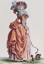 Elegant kvinna med sin vovve, modetallrik från Galerie des Modes et Costumes Francais, graverad av Bacquoy (färggravyr)