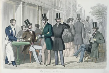 Eleganta unga män på terrassen till ett café, 1857 (färggravyr)