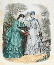 Eleganta kvinnor i en trädgård, från La Mode Illustrée, 1871