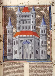 Förhöjning av fasaden på Salomos tempel i Jerusalem Miniatyr ur "Kommentarer till Bibeln" av Nicholas av Lyra (1200-talet) 1300-tal Cambrai, stadsbibliotek