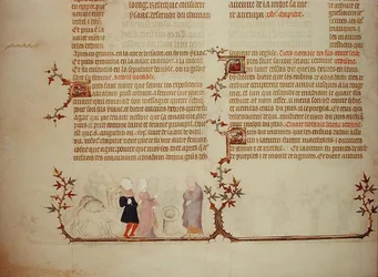 Eliezer presenterar Rebecka för Isak, från "Jean de Sys bibel", ca 1355 (pergament)