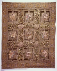 Broderad bordsmatta med bibliska scener, ca 1600 (ull och siden på linneduk)