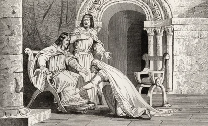 Emme kysser sin make Raoul (d.936) på knä för att erkänna hans suveränitet, ur "Histoire de France" av Colart, publicerad omkring 1840.