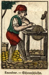 Emouleur (består av att skärpa föremål med slipskivan); Serie om hantverk, bild av Epinal från 1800-talet.