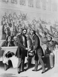 Kejsar Louis Napoleon Bonaparte III (1808-73) skakar hand med general Petit, vid inspektionen av Regiment des Invalides i Grande Armee, 24 december 1848