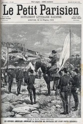 Slutet på det spansk-amerikanska kriget (American Hispano) 1898. Amerikanska officerare tillkännager upphörande av fientligheterna vid de spanska utposterna. Gravyr i "" Le petit parisien"" från 1898.