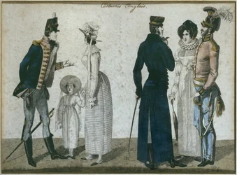 Engelska dräkter, illustration från Le Bon Genre, tidigt 1800-tal (färgstick)