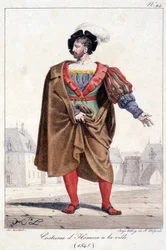 Gravyr av en stadsman i kostym omkring 1545.