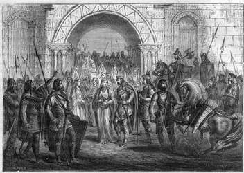 Chilperic I:s (539-584), kung av francen och Galsuinte eller Galswinthes infart till Rouen.