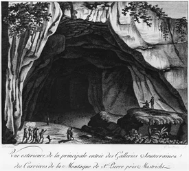 Ingången till de underjordiska stenbrotten, illustration från Histoire naturelle de la Montagne Saint-Pierre de Maastricht av Barthelemy Faujas de Saint Fond (1743-1819) 1799