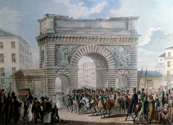 De allierades inträde i Paris av Porte Saint Martin den 31/03/1814 kung Ludvig XVIII (1755-1824) parad. Tryck från 1814. Paris, Musee Carnavalet