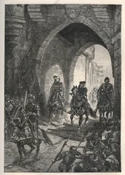 Karl VI den älskade (1368-1422), kung av Frankrike, inträde i Paris efter att ha krossat upproret i Maillotins, 1382 - Franske kungen Charles Vi återvänder till Paris - Entree av Charles VI le Bien-Aime (1368) -1422), kung av Frankrike, i Paris efter den