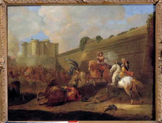 Episod de la Fronde 1648-1652: strid mellan två ryttare, faubourg Saint Antoine under väggarna i Bastille counter-escarp Painting of the French School. 1600-talet. Sol 0,5x0,72 m