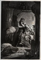 Eponine och hennes man Julius Sabinus (död 78 e.Kr.) bor hemligt i en grotta för att undkomma Vespasianus kejsare (9-79) - Sabinus och hans fru Eponine, gömda i en grotta - gravyr från "" L