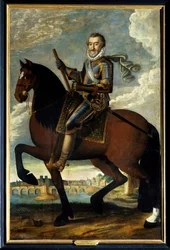 Ridsporträtt av Henrik IV (1553-1610) kung av Frankrike framför Pont Neuf i Paris. Anonym målning från 1600-talet. Olja på duk. Obligatoriskt omnämnande: Sully sur Loire, Chateau de Sully