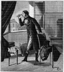 Etienne Louis Malus (1775-1812) observerar genom ett spat ljuset från solnedgången som reflekteras av glasfönstren i Luxemburg 1808 - Etienne-Louis Malus (1775-1812) fransk officer, ingenjör, fysiker och matematiker - Gravyr i "Sciences misses à