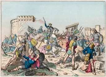 Eudes (Odon) (860-898), karolingisk dynasti, ledde striden mot normanderna och försvarade segrande Paris (885-887) - Eudes (860-898) i strid mot normanderna - Gravyr från slutet av 1800-talet i "" Nos Gires Nationales - Bilder et reci