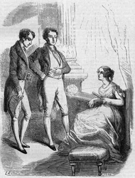 Eugene de Rastignac presenteras för Madame de Nucingen av markisen av Adjuda. Gravyr i mitten av 1800-talet. Illustration till "The Father Goriot" av Honore de Balzac (1799-1850).