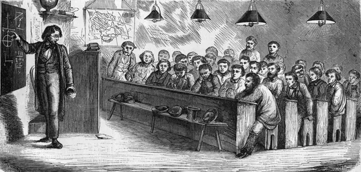 Kvällsklass på en allmän vuxenskola i Paris 1858.