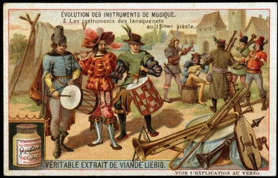 Evolution av musikinstrument: Lansquenets instrument på 1400-talet. Militär trumma, flöjt, triangel, trumpet, en sorts säckpipa och andra stråkinstrument. Sent 1800-tal liebig kromolitografi.