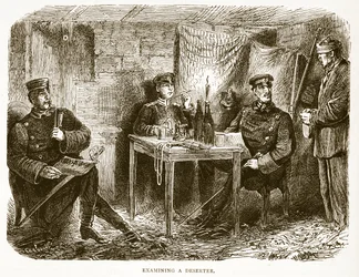 Undersöker en desertör, illustration från Cassells historia om kriget mellan Frankrike och Tyskland, 1870-1871