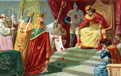 Exkommunikation av Robert II den fromme 998”. Kungen av Frankrike, son till Hugues Capet, blir förälskad och gifter sig med sin kusin Berthe av Bourgogne trots att påven Gregoire V har avskräckts, som också excommuniserar honom. Kromolitografi från slutet 