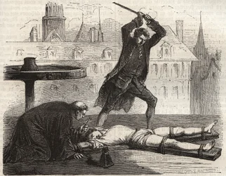 Avrättning (Le torice de la roue) av förgiftaren Antoine-Francois (Antoine Francois) Desrues (1744-1777) på Place des Greves i Paris 1777 - Desrues straff, bruten på hjulet på Place de Greve i Paris