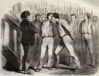 Avrättning av de fyra sergeanterna i La Rochelle den 21 september 1822: Bories, Raoulx, Gaubin, Pommier - Raoulx, som skulle passera den första, bad att få omfamna sina kamrater - Gravyr i "" Causes celebres de tous les peuples"" av Armand Fouquier (1817-1