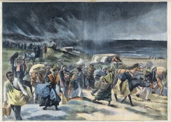 Utvandring av invånarna i Fort de France (Fort-de-France) efter utbrottet av vulkanen de la Montagne Pelee på Martinique. Gravyr i "" Le Petro Parisien""