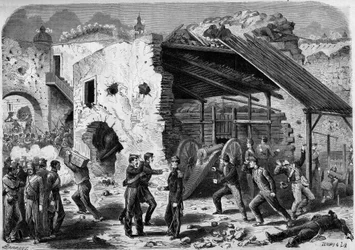 Expedition till Mexiko (1861-1867) - belägring av Puebla - 1863: anfall på ett ramverk (husblock) av den franska armén. Väl inne i staden fick de franska soldaterna slåss kvartal för kvartal. Gravyr i ""The World I