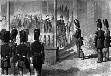 Expedition till Mexiko (1861-1867): Napoleon III (1808-1873) låter sergeanterna från gardets grenadjärregementen få flaggorna som tagits av den franska armén i Mexiko