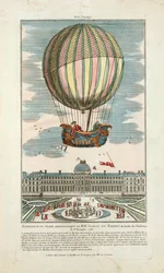 Erfarenhet av MM:s aerostatiska klot. Charles och Robert på Jardin des Thuileries den 1 december 1783, pub. 1783 (handfärgad gravyr)