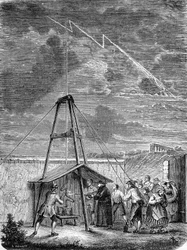 Erfarenhet gjord den 10 maj 1752 av Thomas Francois (Thomas-Francois) Dalibard (1703-1779) en Marly, första demonstration av närvaron av elektricitet i stormiga moln - gravyr