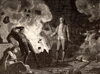 Explosion av sprängämnesfabriken i Essonne, Frankrike, ca. 1788 (gravyr)