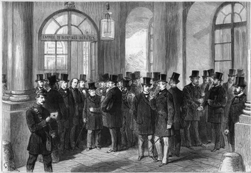 Förlängning av presidentperioden för marechal av Mac-Mahon (Mac Mahon), etablering av septennaten i Frankrike, november 1873: utsikt över entrédörren till Assembllee de Versailles, dagen för diskussionen om prorogationen. Från vänster till höger