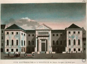 Exteriörvy av Hospice Saint-Jacques, c.1800 (färgad gravyr)