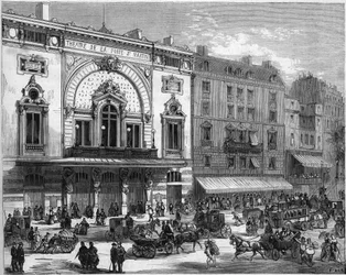 Exteriörvy av Porte Saint Martin-teatern i Paris, ombyggd 1873. Gravyr i "" Le Monde Illustré"" nr 856 av 6 september 1873.
