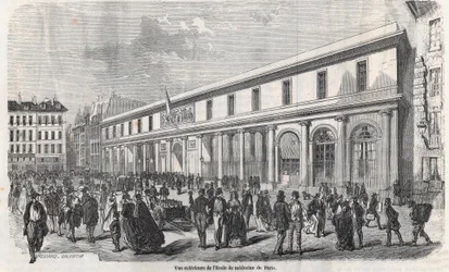 Exteriörvy av School of Medicine i Paris - Gravyr i "Tableau-de-Paris" av Edmond Texier 1852