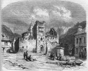 Exteriör vy av kyrkan Saint Andre (templarkyrkan), befäst på 1300-talet. Luz saint savior (Luz-Saint-Sauveur), Hautes Pyrenees (65)